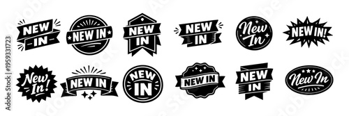 New in labels collection, a set of black promotional badges for product advertising and retail marketing campaigns