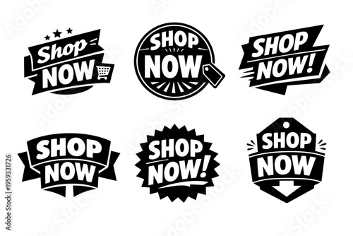 Shop now labels helping promote online retail sales with promotional stickers, banners, and badges for e-commerce advertising