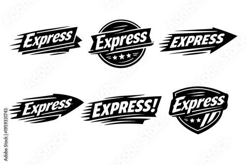 Express word speed labels and fast delivery service logos for rapid mailing and quick shipping logistics
