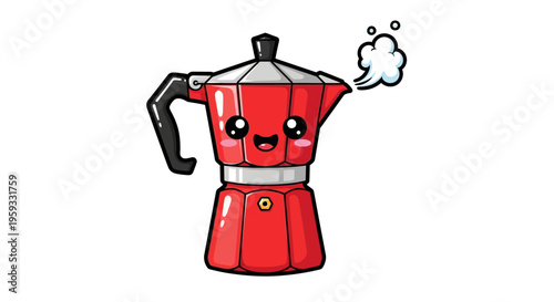 Cute Kawaii Red Moka Pot Steaming with Joy