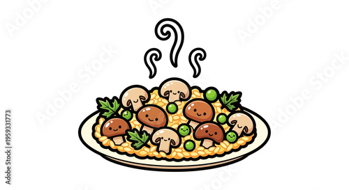 Cute Mushroom Risotto with Peas and Parsley, Kawaii Food Illustration