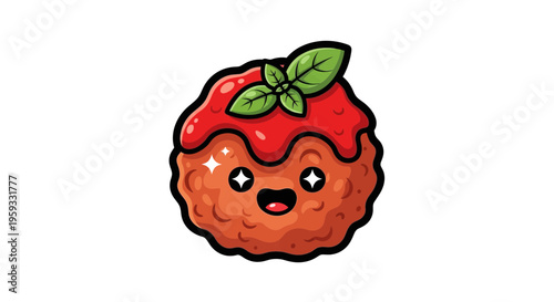Cute Meatball Character with Basil and Tomato Sauce