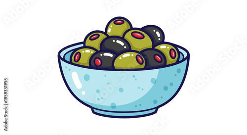 Fresh olives in a bowl, healthy food, cartoon style illustration