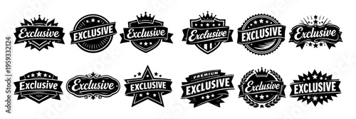 Exclusive product labels collection with premium badges, quality emblems, and vintage limited edition stamps