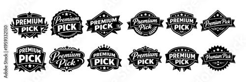 Collection of premium pick badges, labels, and vintage style emblems with grunge texture on white background