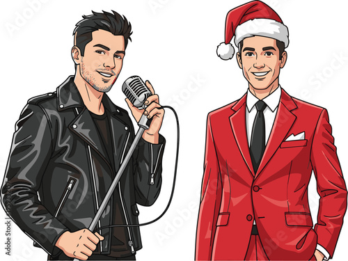 Two men in festive and rockstar outfits standing side by side with a microphone