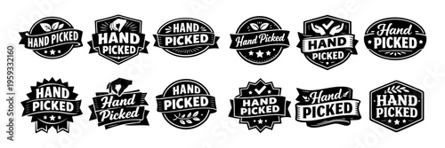 Hand picked badge set presenting quality assurance and natural product concepts. Collection of labels for organic and fresh goods
