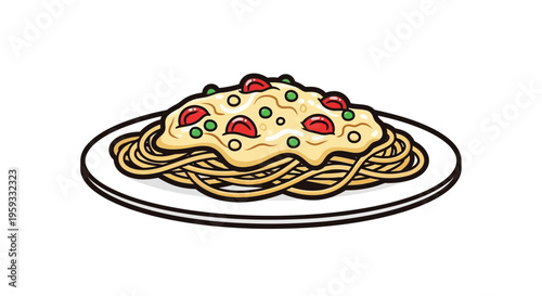 Spaghetti pasta with creamy sauce and tomatoes on a plate