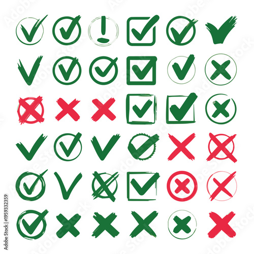 A grid of various hand-drawn and geometric checkmarks (green) and crosses (red) icons, representing choices, options, and confirmation or denial, Grid, Various, Geometric, Icons, Options, Red, Yes