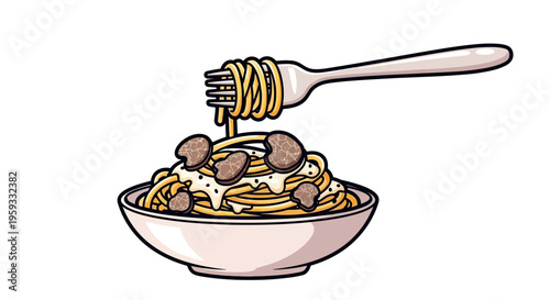Spaghetti with truffle sauce and mushrooms, served on a bowl, fork twirling pasta.