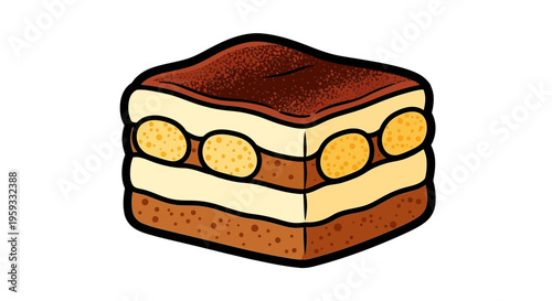 Tiramisu dessert slice, Italian layered sweet treat, cartoon style