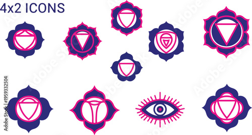 Set of 8 purple and pink chakra icons vector illustration for meditation, yoga, spiritual wellness, and holistic health designs isolated PNG with Transparent Background