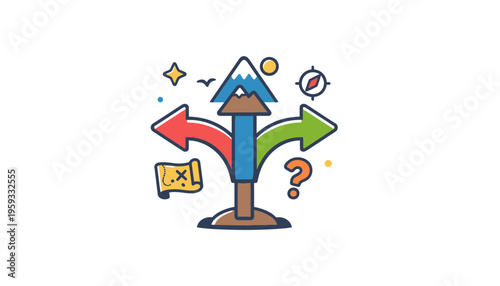 A directional signpost indicates multiple paths with a map and compass.