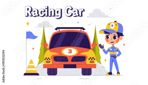 A racing car vector illustration with a driver waving beside it.
