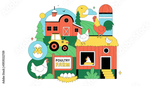 A colorful illustration of a farm with chickens and a barn