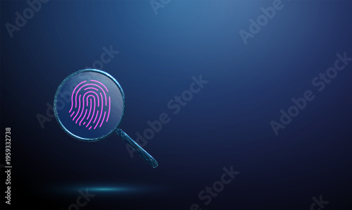 3d fingerprint under magnifying glass. Biometric scanning, identity verification, authentication process, detailed fingerprint analysis, security inspection concept.