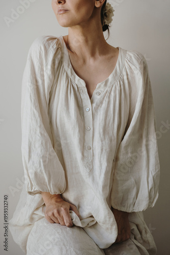 Comfortable Homewear Look Featuring Oversized Linen Blouse And Gentle Folds