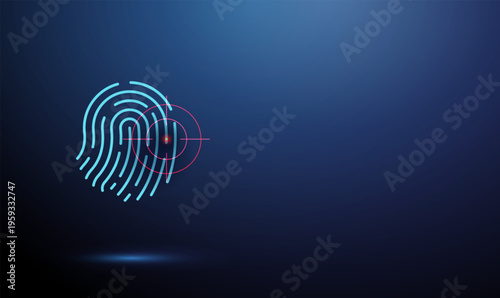 Fingerprint under target symbol. Targeted hacking attempts, personal data search, identity tracking, cybersecurity threats, data breach risk, biometric protection concept.