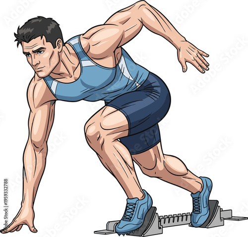 A muscular man in a blue singlet preparing to sprint from the starting blocks with determination