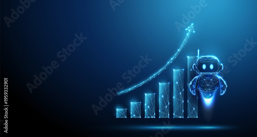 3d rising chart with blue robot. AI-driven growth analytics, business intelligence, automated data analysis, productivity increase, smart forecasting concept.