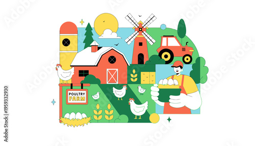 Farm vector illustration with colorful buildings and happy farmer character