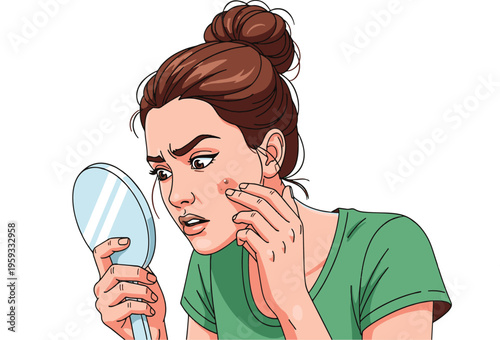 A woman examines a pimple on her face in a mirror with concern