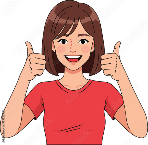 A cartoon woman giving two thumbs up with a smile on her face