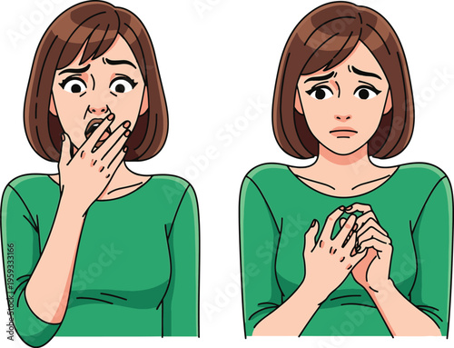 A cartoon woman displaying shocked and worried expressions with her hands on her face and chest