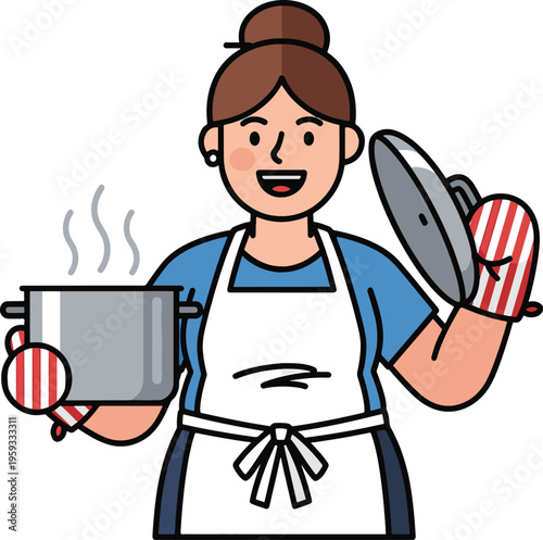 A cartoon woman in an apron holding a pot and pan with a cheerful expression on her face