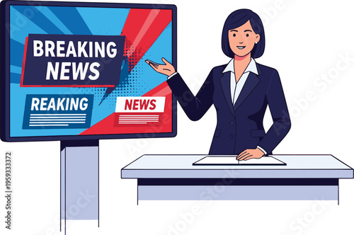 A female news anchor presenting breaking news on a large screen display at a modern desk.