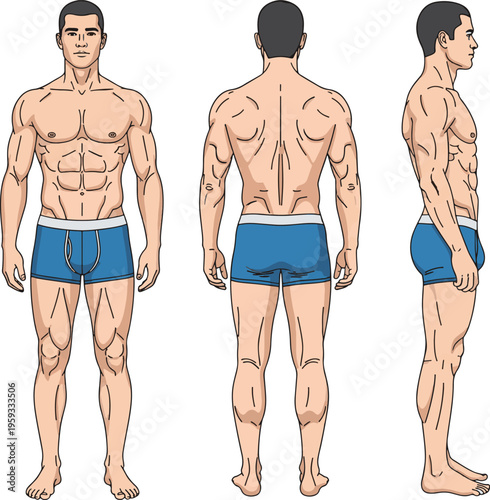 An athletic man showcasing his muscular physique from multiple angles in blue shorts