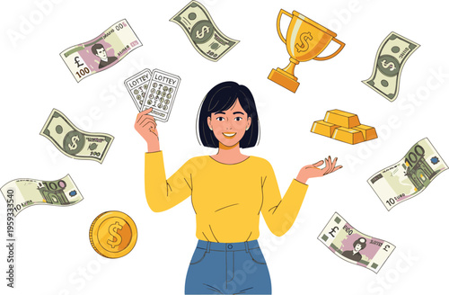 A cartoon woman surrounded by floating money and gold trophies, symbolizing financial success and achievement.