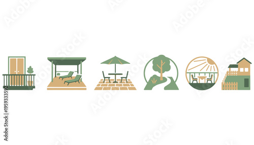 Patio vector illustration set with various outdoor furniture and decor elements