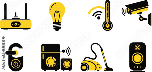 Set of 8 smart home technology vector icons in black and yellow, featuring router, light bulb, thermostat, security camera, door lock, smart speaker