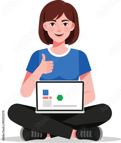 A cartoon woman sitting cross-legged with a laptop giving a thumbs up