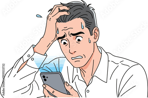 A stressed man experiencing frustration while looking at his smartphone with a worried expression