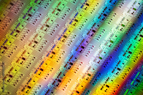Silicon wafer for manufacturing semiconductor of integrated circuit.Electronic circuit designs have been built onto the wafers using micromaching including photolithography