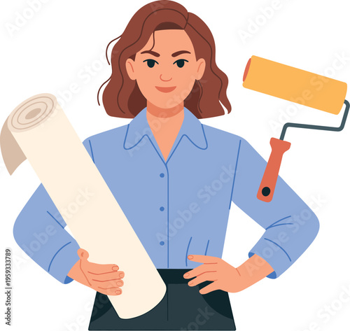 A cartoon woman holding a roll of paper and a paint roller, ready for a home renovation project.