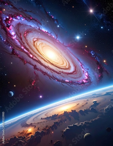 Swirling galaxy over Earth-like planet, vibrant cosmos scene