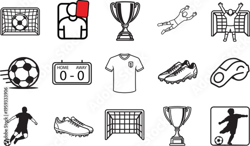 Diverse football elements icon set arranged on a uniform grid, presenting clean lines and recognizable imagery of the game.