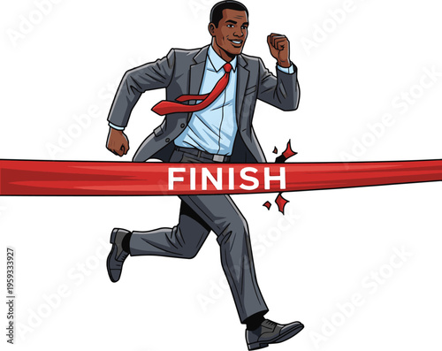 A determined African American businessman in a suit crossing the finish line with a sense of triumph and accomplishment.