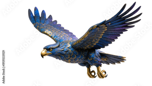 Valokuva Stunning blue and gold eagle sculpture in a dynamic flying pose, majestic and po