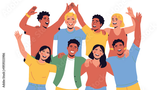 Diverse group of people celebrating together in a colorful illustration