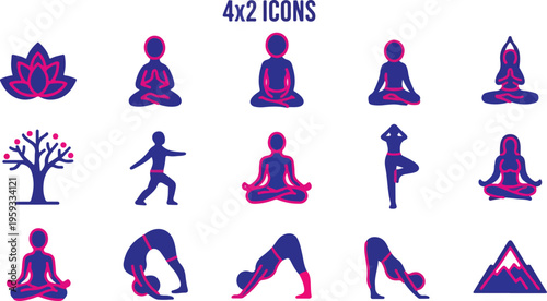 Set of 15 purple and pink yoga and meditation vector icons for wellness apps, health websites, and fitness branding isolated PNG with Transparent Background