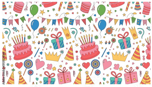 A colorful birthday party illustration with festive decorations and gifts