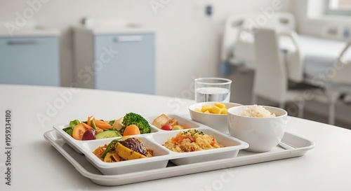 Hospital patient meal tray with balanced healthy food