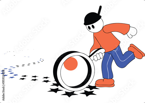 Cartoon detective investigates a trail of footprints and stars with a magnifying glass, searching for clues.