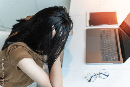 Anxiety disorder, panic attack working woman, stressful depressed student or businesswoman, burnout person with mental health illness, headache and migraine, sitting in front of laptop computer desk