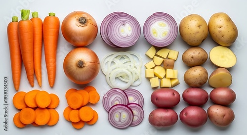 Sliced onions potatoes and ingredients on white background