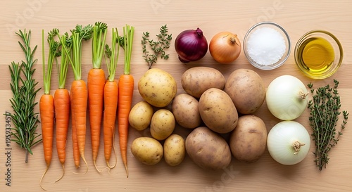 Fresh vegetables assortment on kitchen table with herbs
